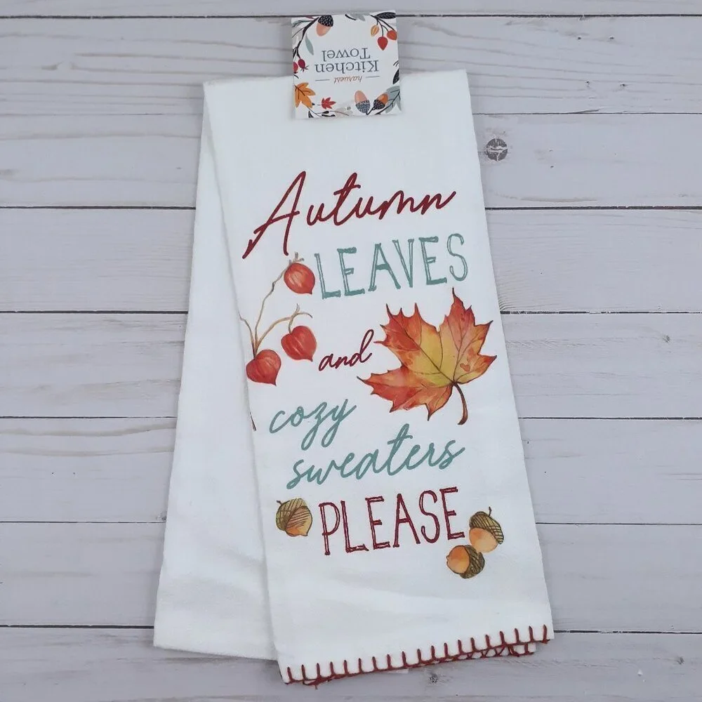 Fall Flour Sack Kitchen Towel Autumn Leaves and Cozy Sweaters Please